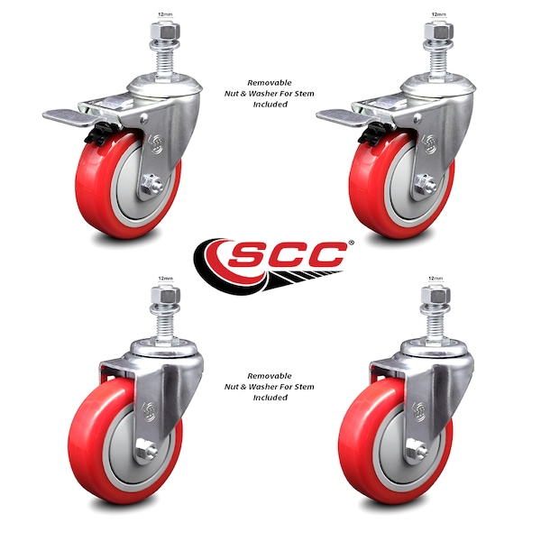 Service Caster 4 Inch Red Polyurethane Swivel 12mm Stem Caster Total Lock Brake SCC, 2PK SCC-TSTTL20S414-PPUB-RED-M1215-2-S-2 - main